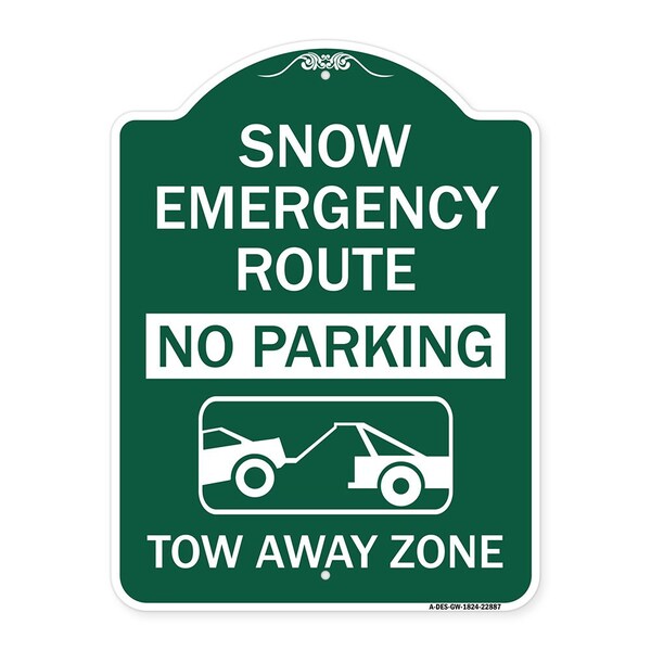 Snow Emergency Route Tow Away Zone W/ Graphic, Green & White Aluminum Sign, 18" x 24", GW-1824-22887